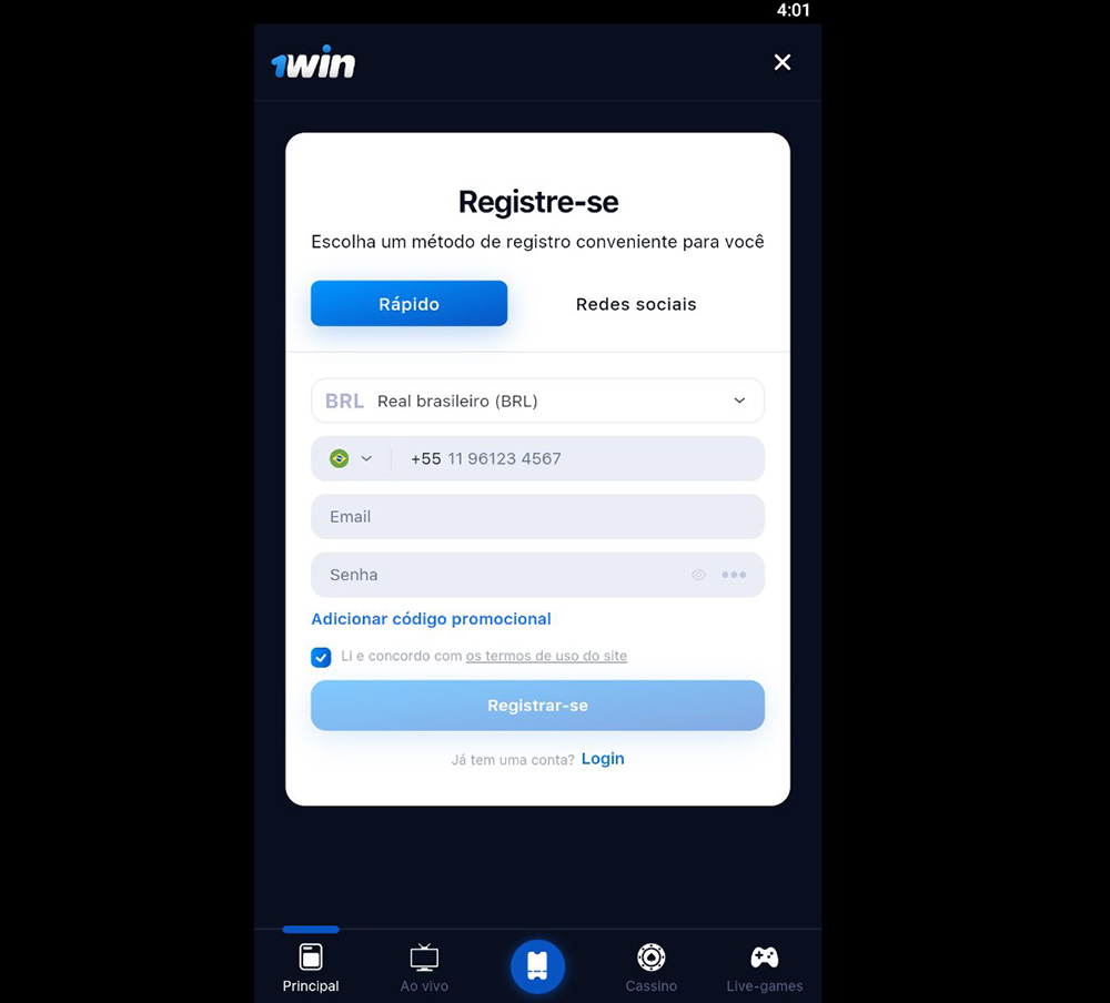 1Win é uma aplicação que lhe permite criar uma nova conta em minutos.